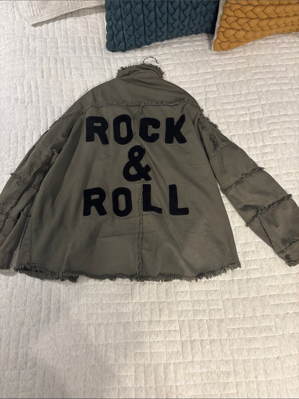 Women's Olive Military-Style Jean Jacket with 'Rock & Roll' Appliqué